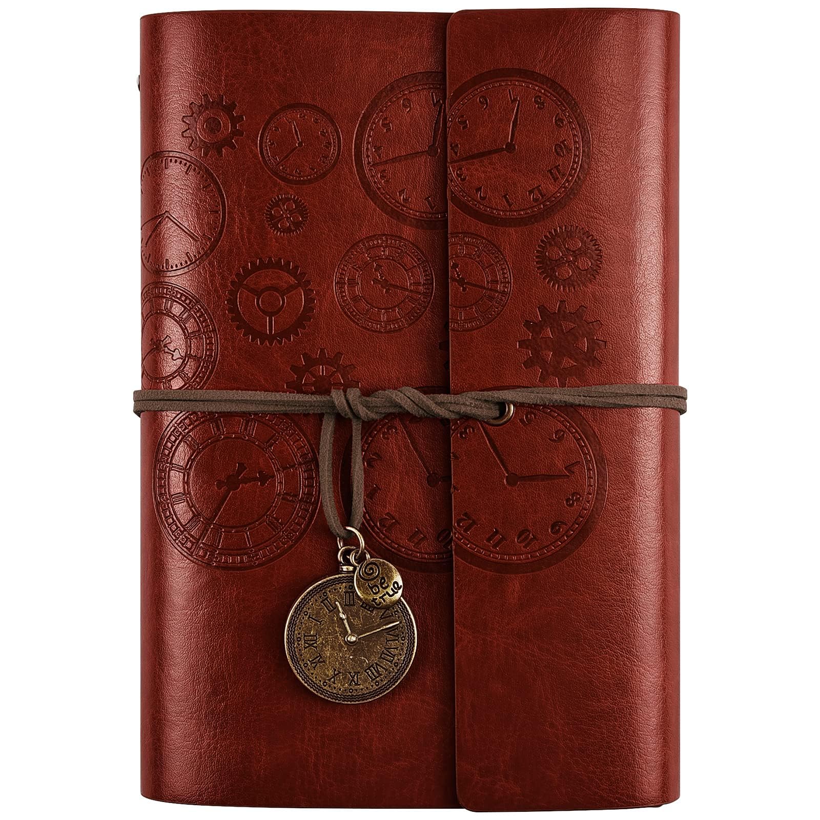 Leather Journal Notebook, Refillable Notebook with Lined Pages Vintage Writing Travelers Notebook Spiral Bound Journal, Gift for Men and Women Classic Embossed Retro Pendants 18 x 13 cm（A6, Brown)