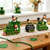 DETENE 3 Pcs Ireland St Patricks Day Decorations Train Figurine with Lighted Leprechaun Irish Resin Tabletop Centerpiece Decor for Home Tiered Tray Decor