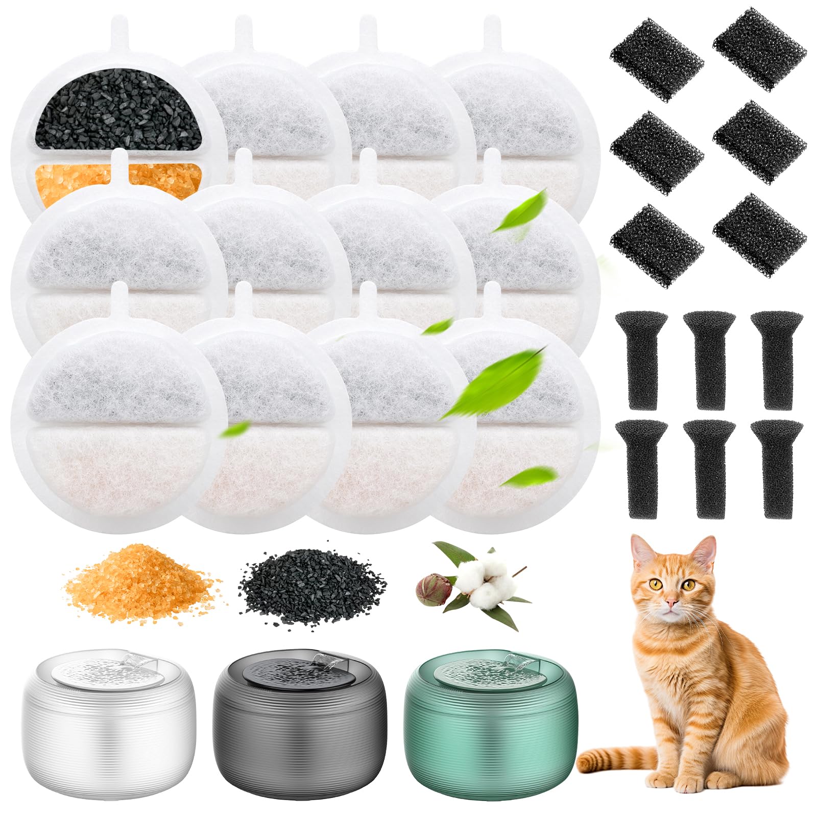 12 Cat Fountain Filters for Nugget and Feelneedy F-016 & 6 Water Pump Sponge & 6 Centre Sound-Absorbing Sponge, Cat Filters for Water Fountain for 84 fl oz / 2.5 L Water Fountain for Drinking