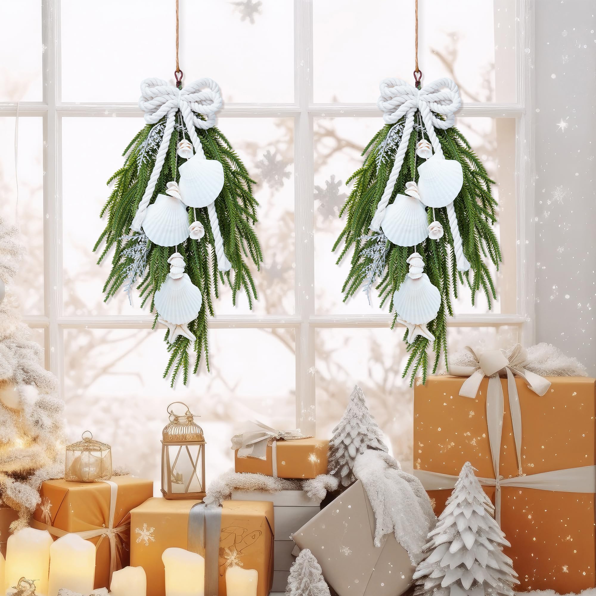 View 1 of 2 Pcs 22'' Christmas Teardrop Swag Coastal Christmas Decor Beach Decoration with Norfolk Pine Seashells Starfish Wreath for Outdoor Front Door Mentle Fireplace