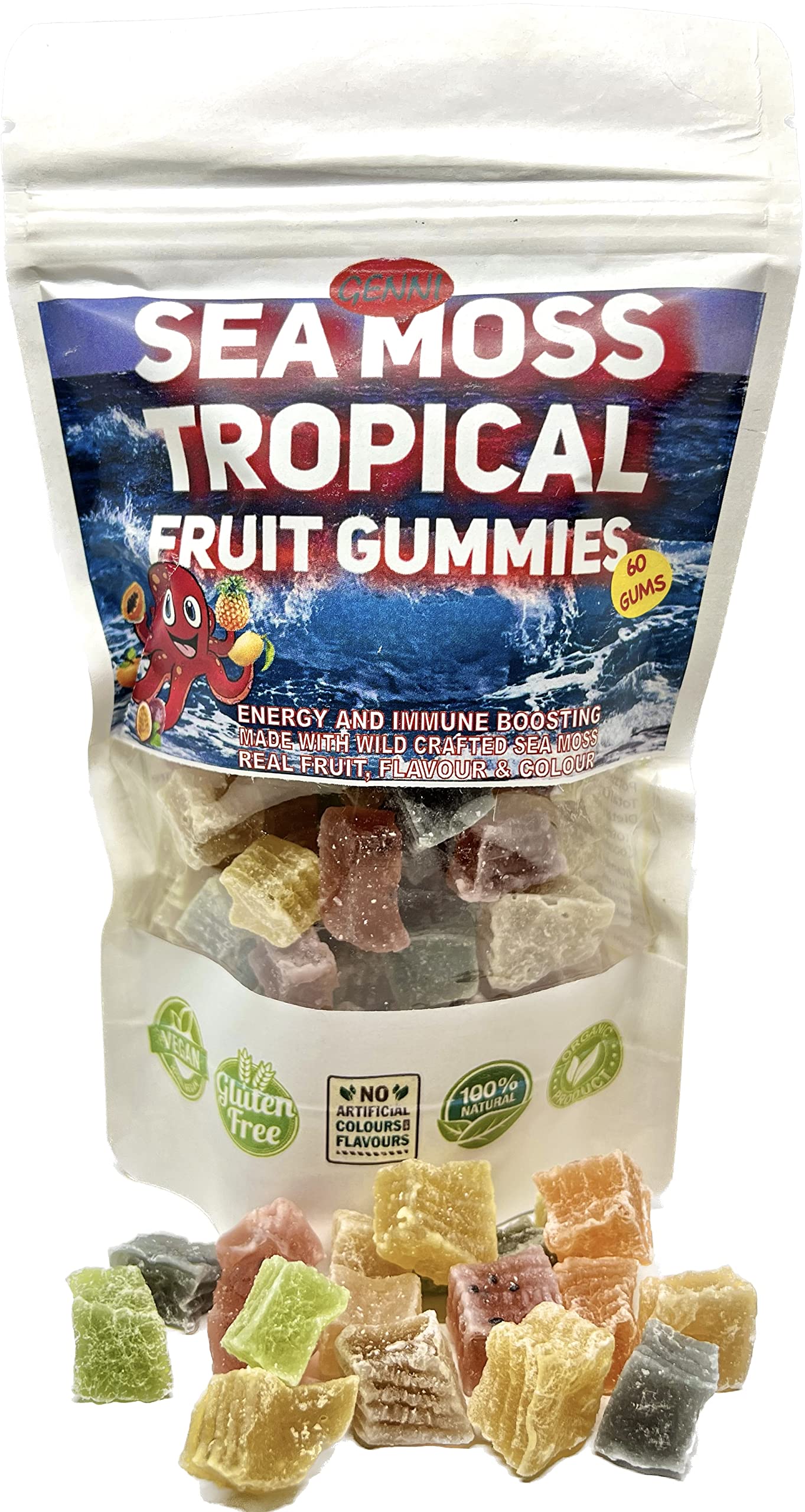 Sea Moss and Tropical fruit Gummies | min 60 in a pack 300g | Vegan, Non GMO, Made with Real Fruit & wild crafted sea moss| Moringa Tea and Coconut Sugar Natural no perfect shaped gummie chemicals!