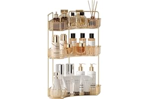 YCIA&DONE Corner Counter Bathroom Organizer Countertop, 3 Tiers Cosmetic Perfume Tray, Vanity Organizers for Makeup, Skincare, Clear Corner Rack for Bedroom, Bathroom, Kitchen(Amber Gold)