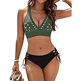 Blooming Jelly Women's Bikini Set Two Piece Swimsuit Modest Bathing Suit Petal Hollow V Neck Top String Mid Rise Bottom