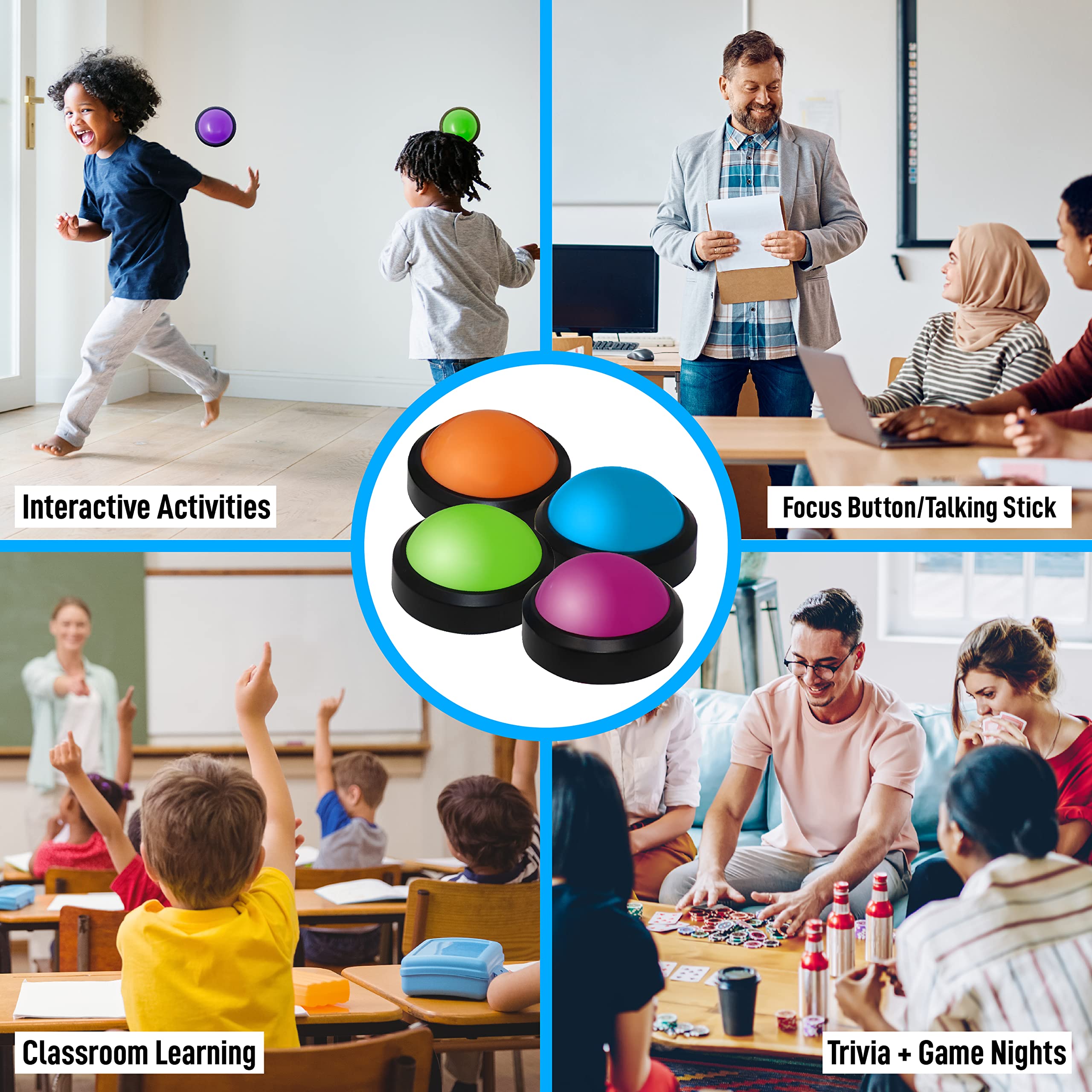 Teacher's Choice 4 Pack Game Buzzers with Unique Loud Sounds for Each Buzzer | Great for Trivia Games, Family Feud, Jeopardy, Competition, Spelling Bees and More