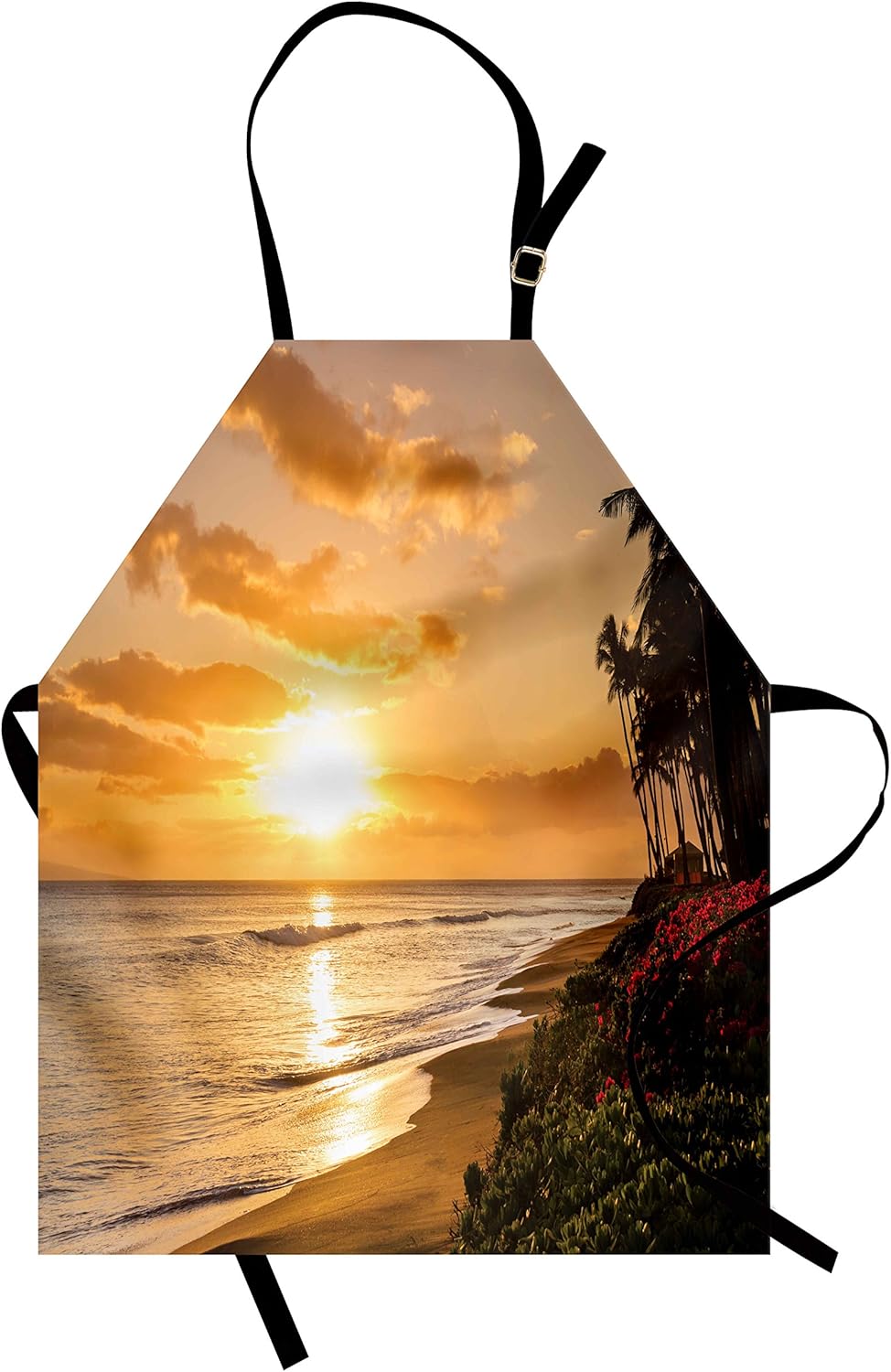 Ambesonne Hawaiian Apron, Warm Tropical Sunset on Sands of Kaanapali Beach in Maui Hawaii Traveling, Unisex Kitchen Bib with Adjustable Neck for Cooking Gardening, Adult Size, Cream Ivory