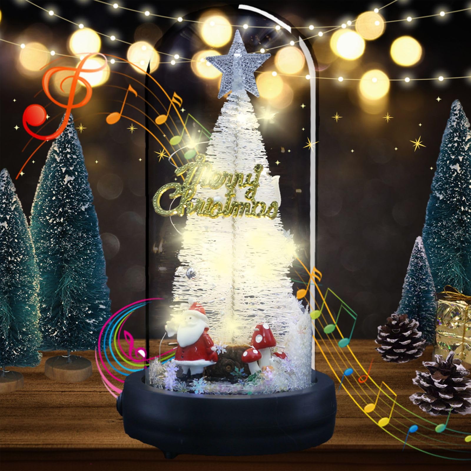 Uniqicon LED Christmas Tree Music Box In Glass Dome with Santa Claus, Snowflakes Decorations Tree Present, Indoor Home Decor Gifts, Christmas Music Wooden Box Gifts for Girls Women Mom Friend