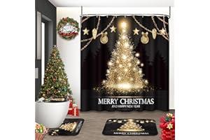 ARTSOCKET Black Gold Christmas Tree Bathroom Set Shower Curtain Set with Rugs Bathroom Set with Non-Slip Rug,Toilet Lid Cover,Bath Mat and 12 Hooks 72x72 inches Bathroom Decor 4 Pcs