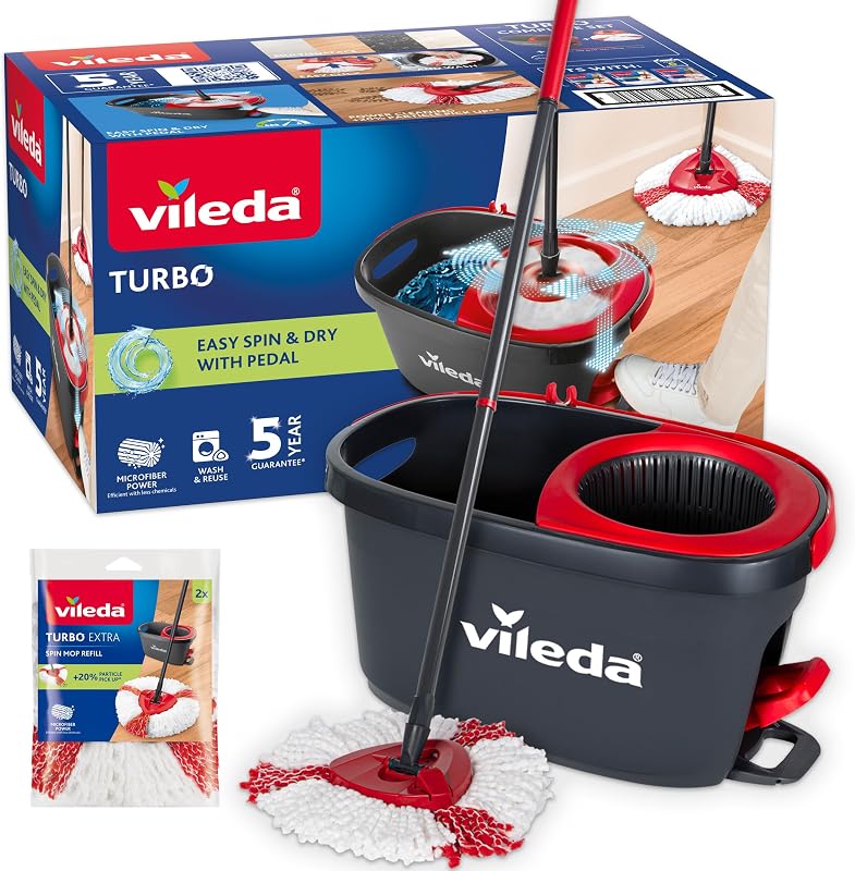 Vileda turbo - conjunto esfregona com haste telescópica, balde espremedor rotativo e recarga microfibra, inclui 1 recarga adicional, cor preta e vermelha, formato caixa
