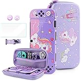 HYPERCASE Cute Carrying Case Set for Nintendo Switch OLED, with Purple Switch Travel Bag of Unicorn, PC Switch OLED Protective Cover Skin, Screen Protector, Shoulder Strap & Thumb Caps
