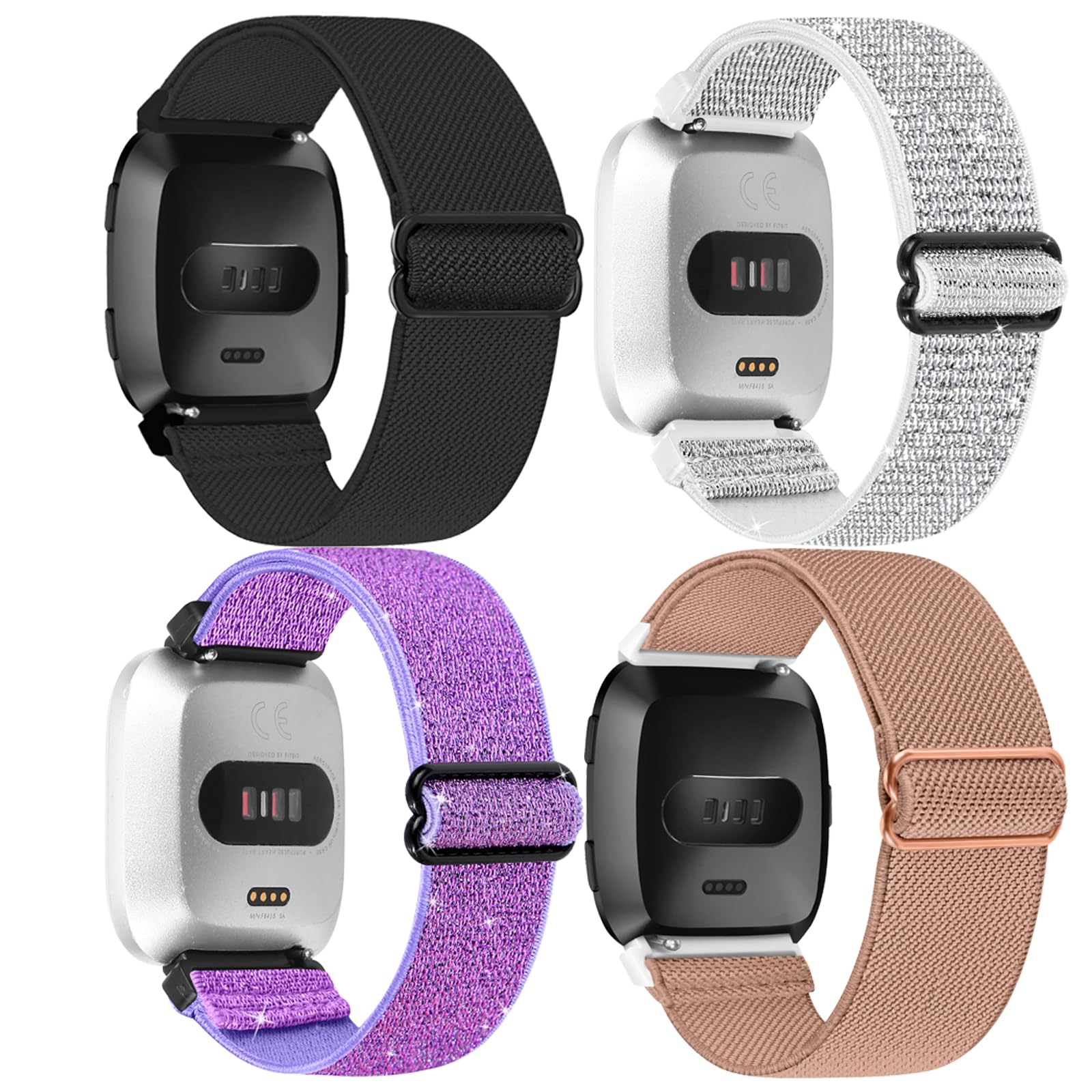 HUYIIO 4 Pack Adjustable Straps Compatible with Fitbit Versa 2 Straps,Soft Breathable Nylon Sport Band Stretchy Replacement Wristband For Women Men for Fitbit Versa 2/Versa/Versa Lite/SE