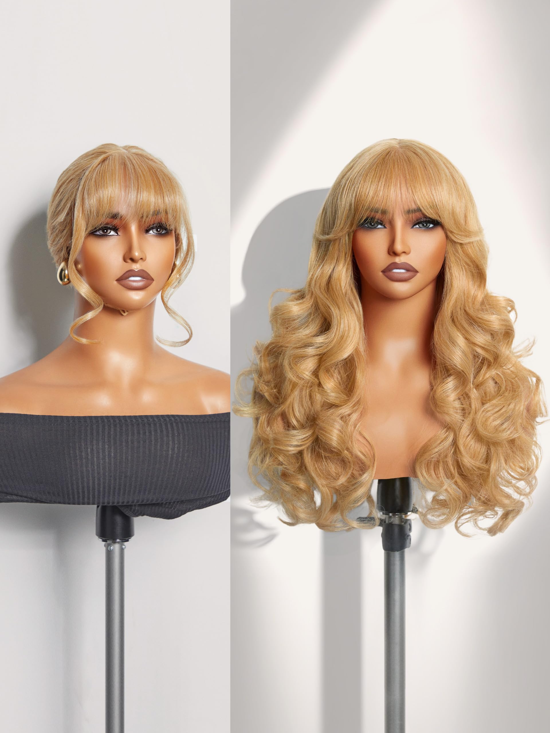 Photo 1 of GORGIUS Glueless Wavy Wig with Bangs Honey Blonde Synthetic Curtain Bang Wig with Realistic Scalp 22 Inch
