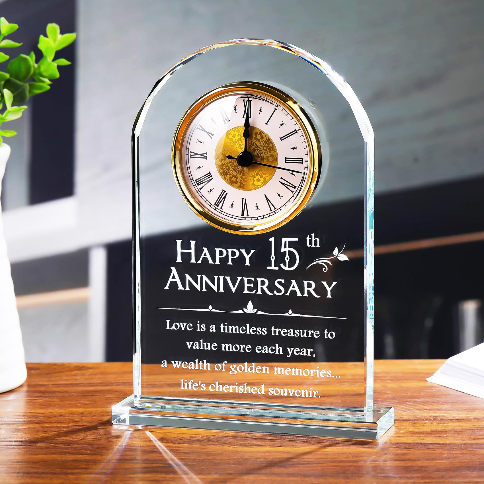 Movdyka Crystal 15th Aniversary Desk Clock Gifts Wedding for Him Married Couples Ornaments for Living Room Keepsake 15 Years of Marriage Presents for Wife Table Decor