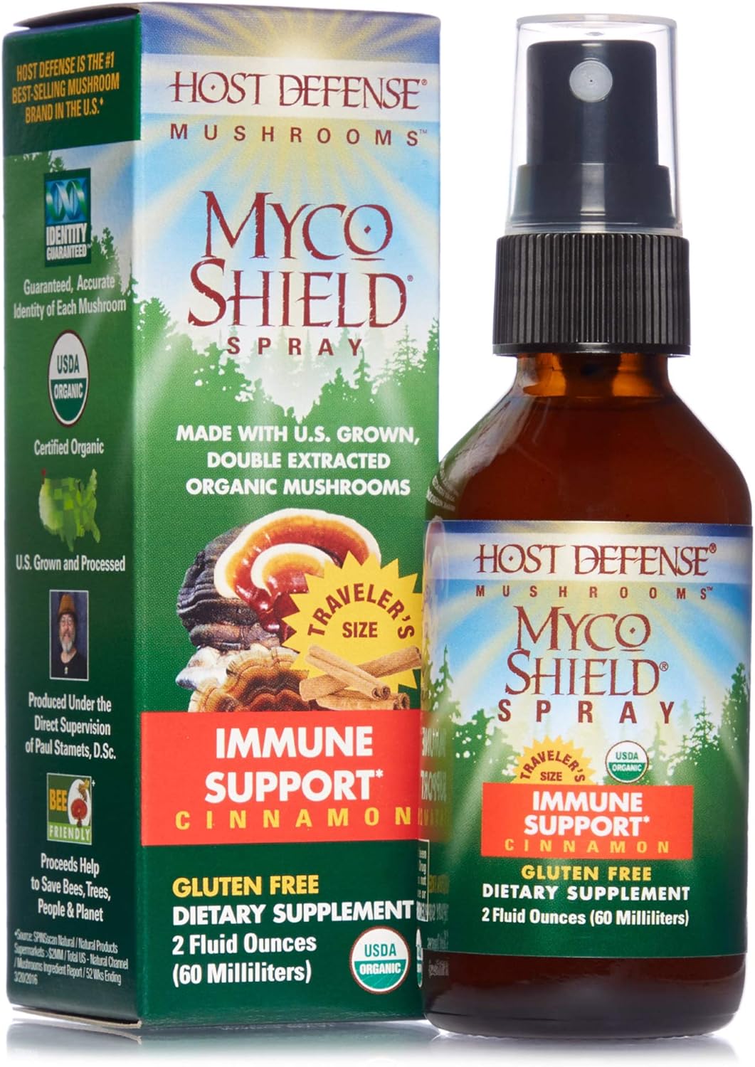 Host Defense, MycoShield Cinnamon Spray, Immune Support, Mushroom Supplement with Turkey Tail, Reishi and Chaga, Vegan, Organic, 2 oz (142 Servings)