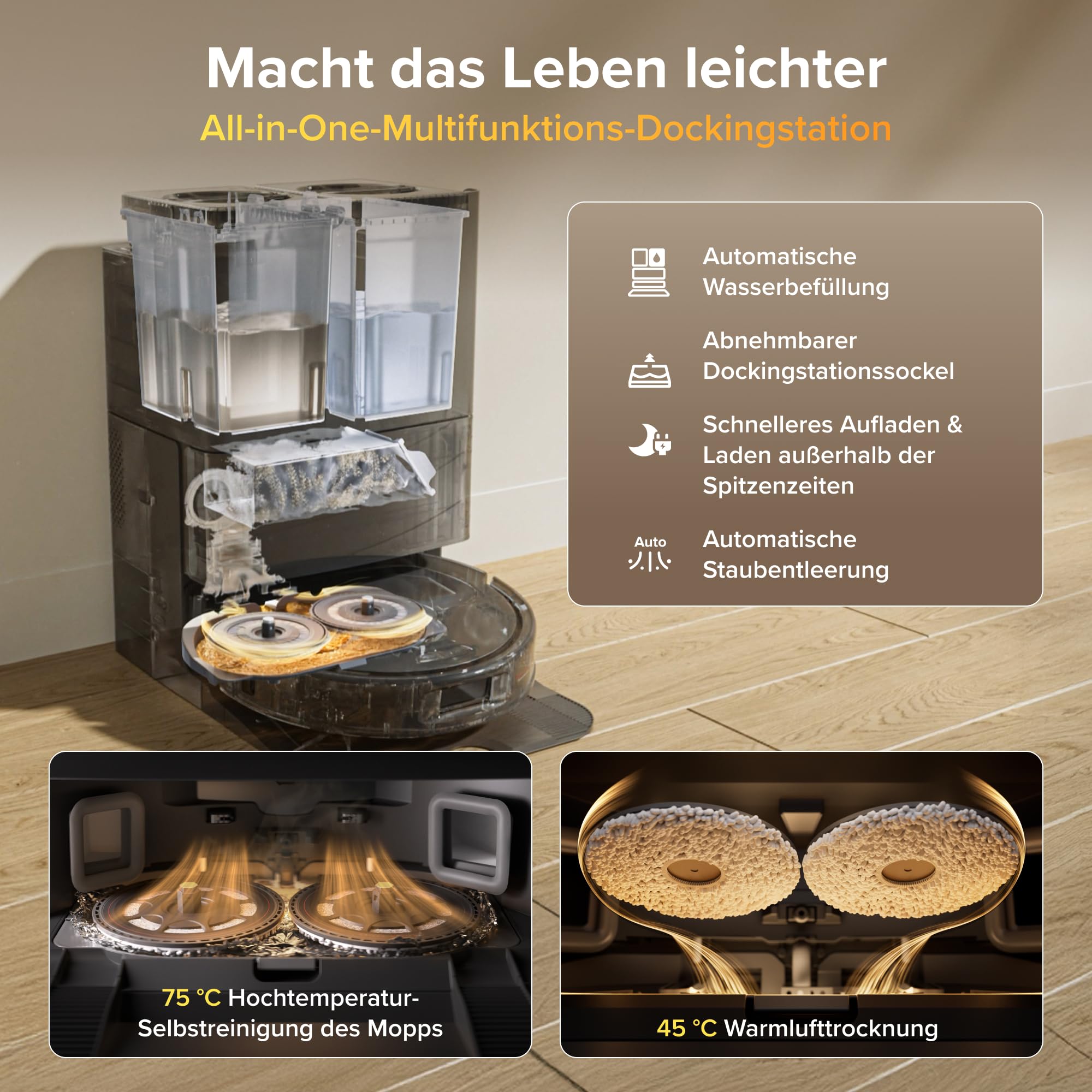 roborock Qrevo S Pro Set Saugroboter mit Wischfunktion, verbessert von QV 35A, 18.500 Pa Saugkraft, 75 °C Heißwasser-Moppreinigung, Anti-Tangle System, Hindernisvermeidung, All-in-One Dock (Schwarz) 2