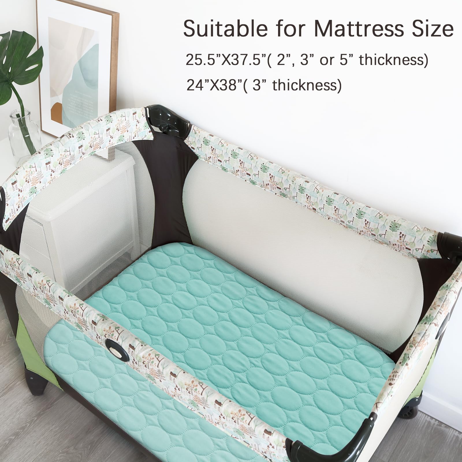 Pack and Play Sheets Fitted Quilted Waterproof Protector, 2 Pack Playard Mattress Pad Compatible with Graco Pack n Play, Mattress Cover fits for Baby Playpen Mattress, Mini Crib, Gray & Aqua