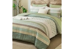 DJY Boho Comforter Set King Size,7 Pieces Bed in a Bag Burgundy Red Striped Bedding Sets,Patchwork Soft Microfiber Bedding Se