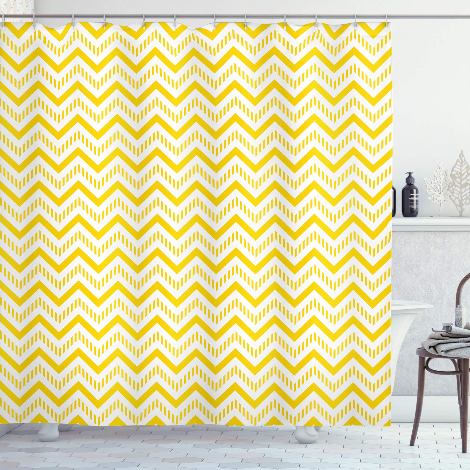 ABAKUHAUS Yellow Shower Curtain, Chevron Abstract Zig Zag Pattern Striped Cool Geometric 90s Style Retro Art, Cloth Fabric Bathroom Decor Set with Hooks, 78 Inches, White and Yellow