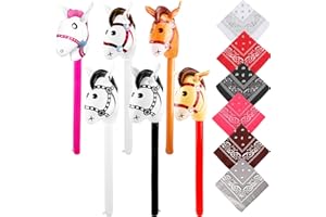 Octaday 12 Pack Inflatable Stick Horse and Paisley Bandanas Blow Up Horse Head Stick Inflatable Stick for Cowboy Party
