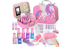 Glisiol Kids Nail Polish Set for Girls Toys, Washable Quick-Dry Toddler Nail Art Kit with Air Cooling Dryer and Cosmetic Case