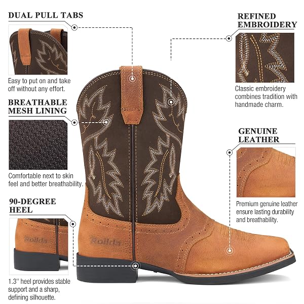ROLLDA LEATHER COWBOY BOOTS FOR MEN WESTERN BOOTS SQUARE TOE CHUNKY HEEL MID-CALF BOOTS CLASSIC EMBROIDERED WITH PULL ON TABS BROWN SIZE 12
