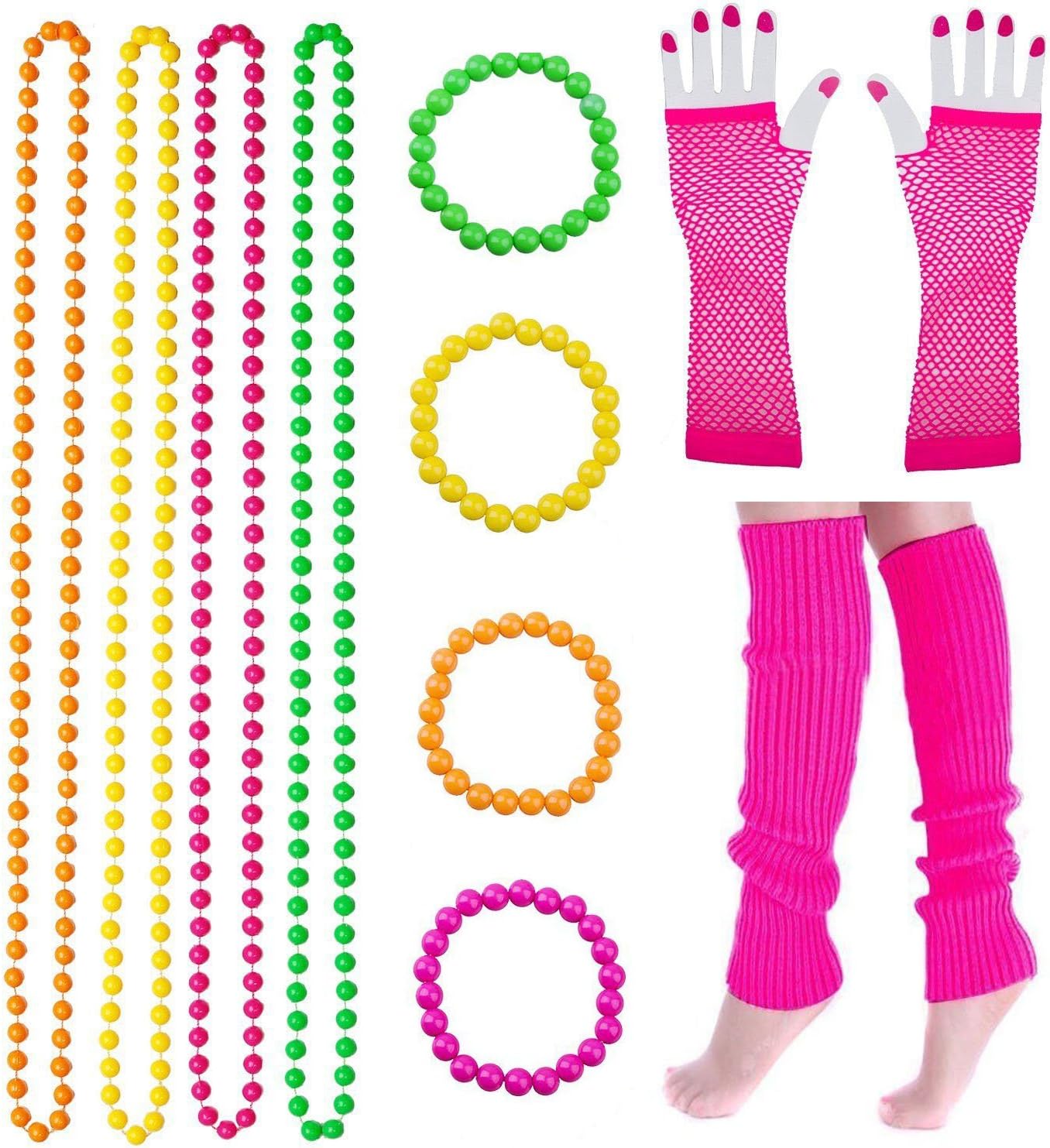 Musuntas Neon Long Fishnet Fingerless Wrist Gloves Neon Bead Necklaces Neon Bracelets for Kids and Adults,Neon Gloves 1980s Fancy Dress by Funny Party
