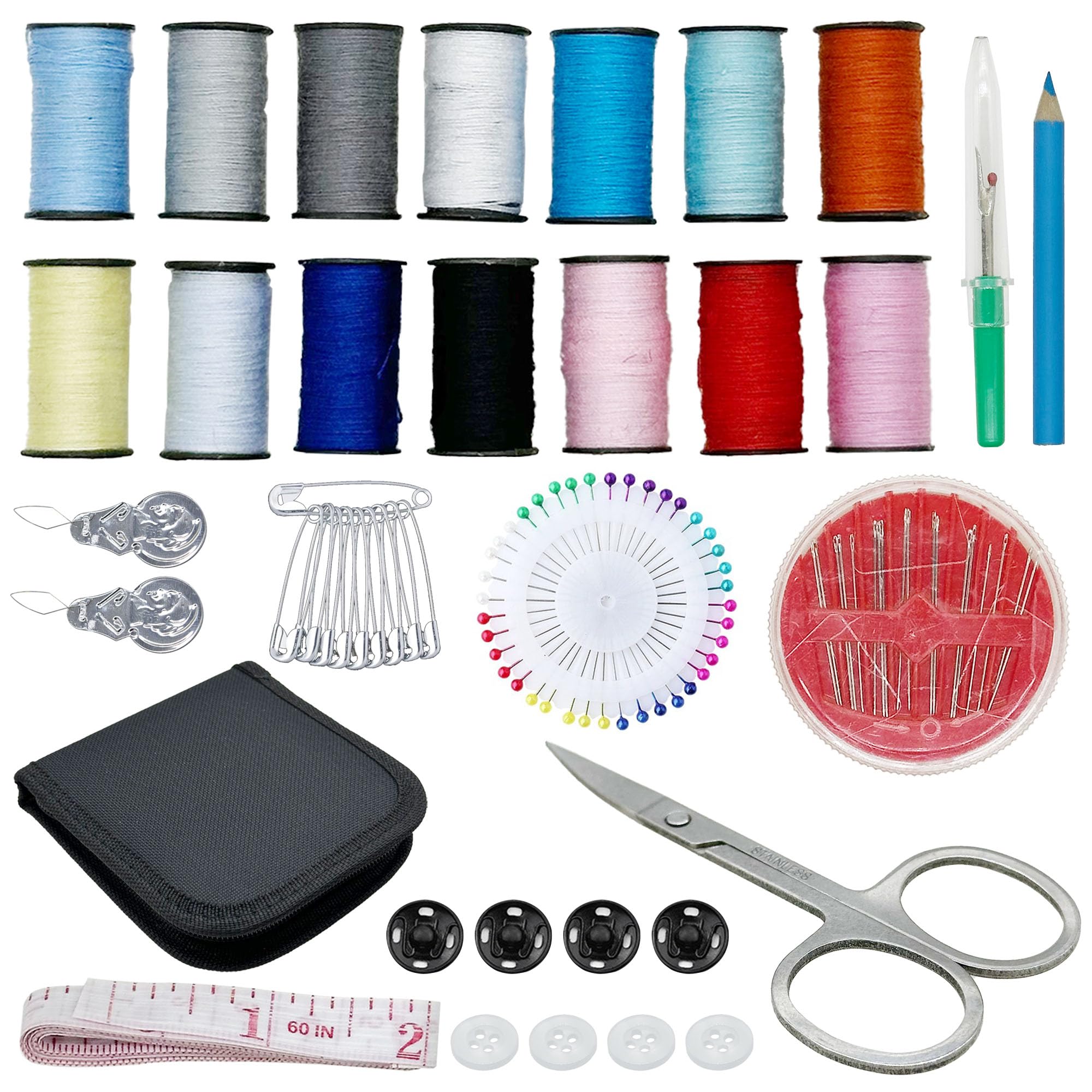 JMZLLRX 98 PCS Needle and Thread Sewing Kit for Adults, Basic Hand Sewing Starter Set Including Spools of Thread, Sewing Needles, Scissors, Thimble, Tape Measure for Beginners, Home, Travel