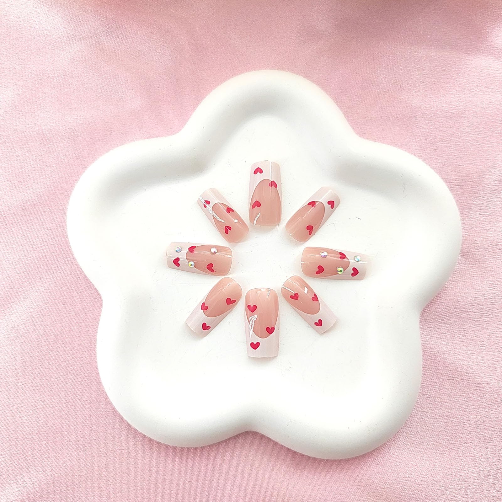 Press on Nails Square Long False Nails with Rhinestones Design Red Heart Glue on Nails Nude Full Cover Fake Nails Press ons Glossy White French Tip for Girls 24Pcs - Image 3