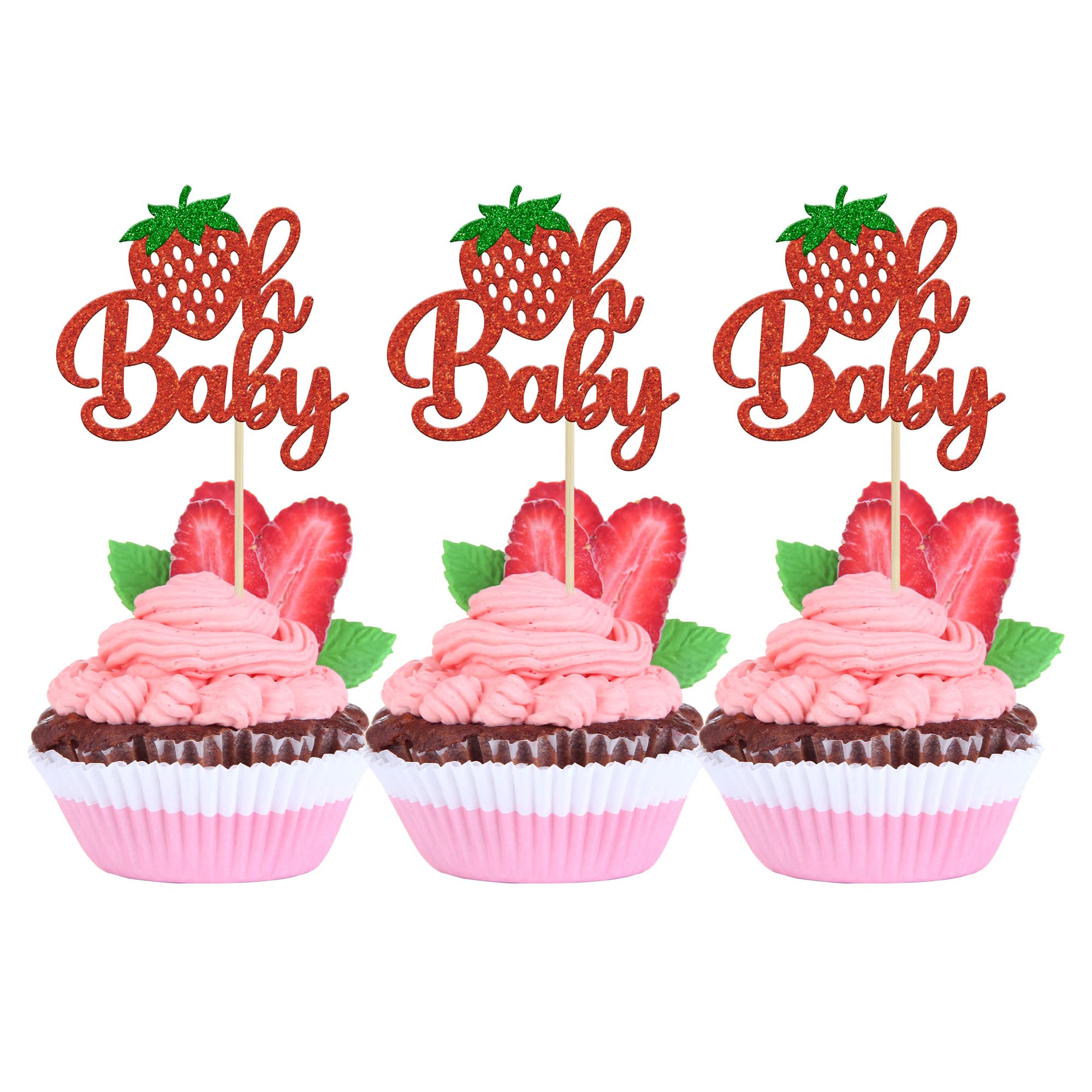 Photo 1 of Gyufise 24Pcs Strawberry Oh Baby Cupcake Toppers Glitter Fruit Theme Strawberry Cupcake Picks for Gender Reveal Baby Shower Kids Boys Girls Birthday Party Cake Decorations Supplies