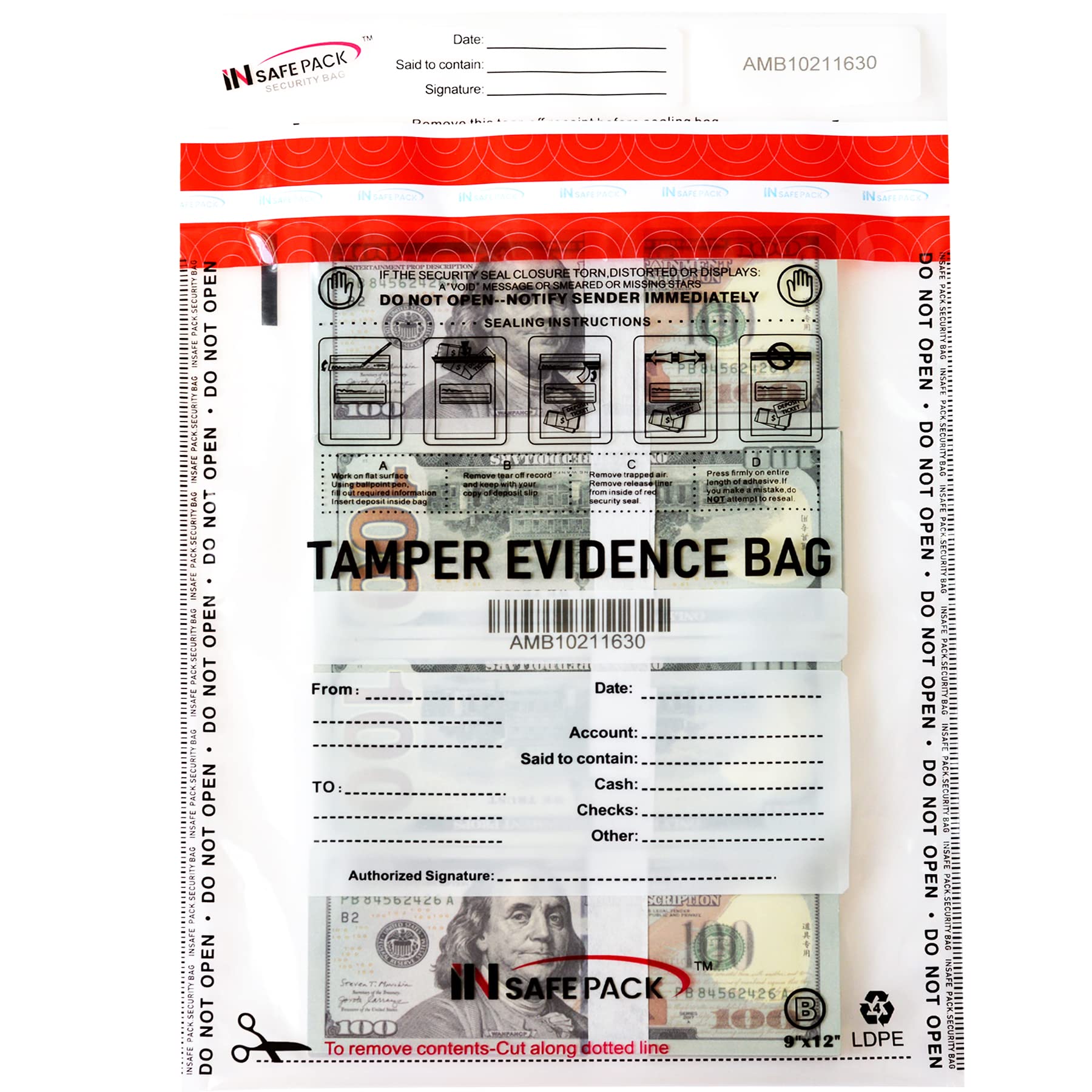 View 1 of 100PCS 9"x12" Business Bank Deposit Bags - High Level Security Tamper Evident Bag - Self Adhesion Plastic Security Deposit Bag
