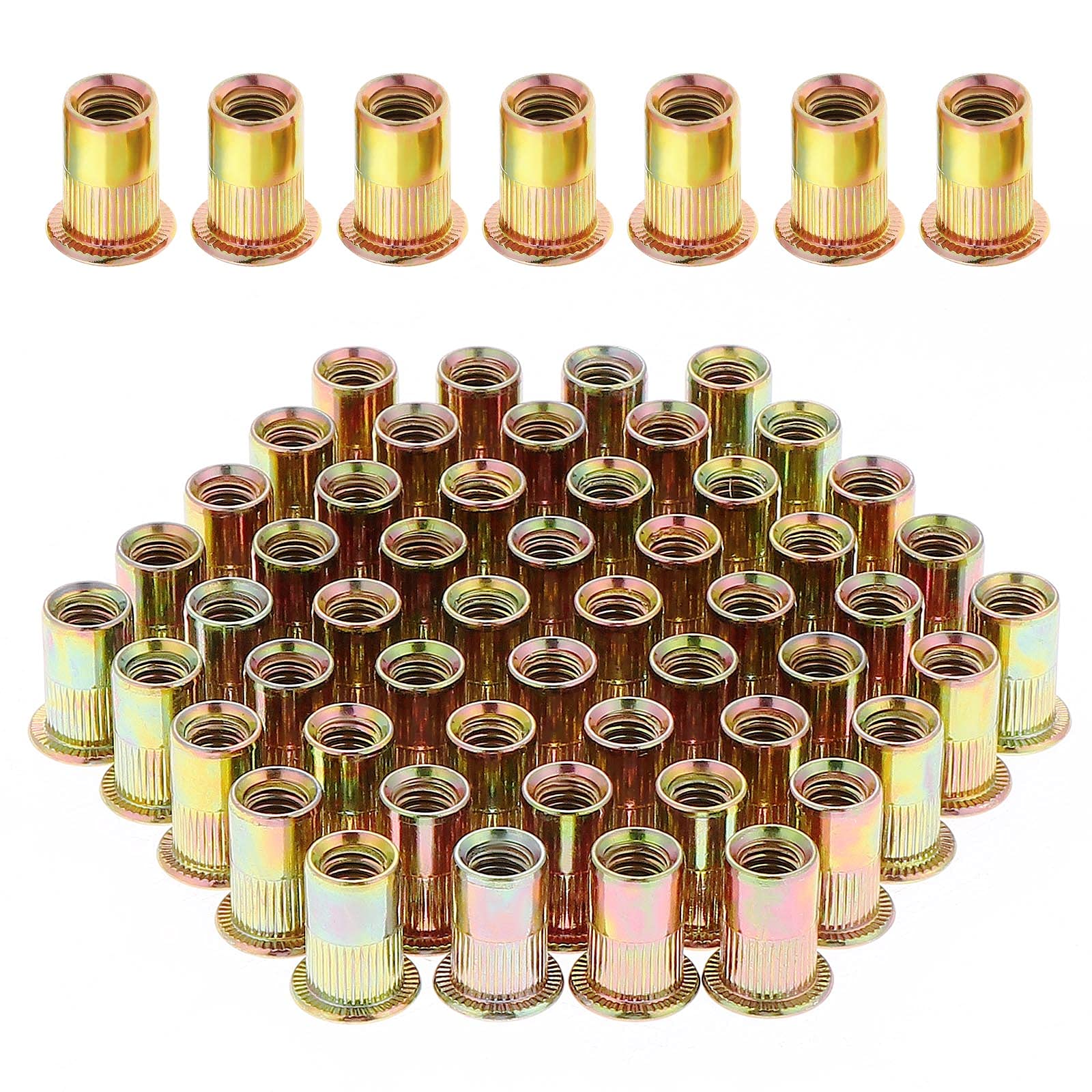 Gueenky 100PCS Rivet Nuts, M8 Nutsert Zinc Plated Carbon Steel Flat Head M8 Threaded Rivets Nutsert for Wood Furniture — image 1