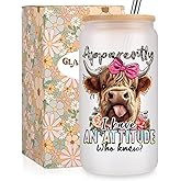 Fairy's Gift Funny Highland Cow Cup Tumbler, Cattle Print Stuff, Cute 16 oz Frosted Glass Coffee Cups with Lids Straws, Valentines, Birthday, Highland Cow Gifts for Women Girls Cattle Lovers Cowgirls