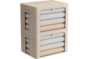 FHSQX 2 Pack Clothes Storage Bins Stackable Metal Frame Storage Box Foldable Linen Fabric Box Organizer with Carrying Handles and Clear Window (Beige, 15.7x 11.8x 11.7 Inch)