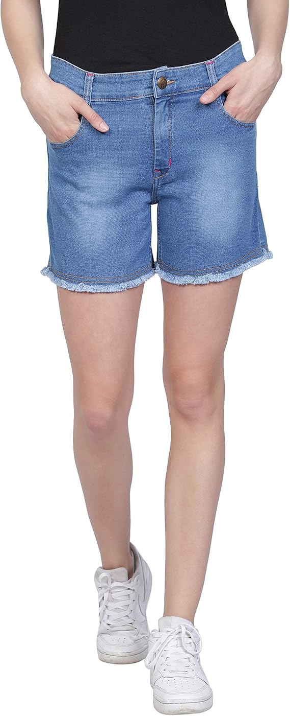 Buy Club A9 Women's Fringed Hemline Blue Denim Shorts Stretchable at