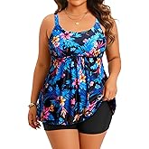 Holipick Blue Plus Size 2 Piece Swimsuit - Women Tankini Bathing Suits Flowy Swim Top with Boy Shorts