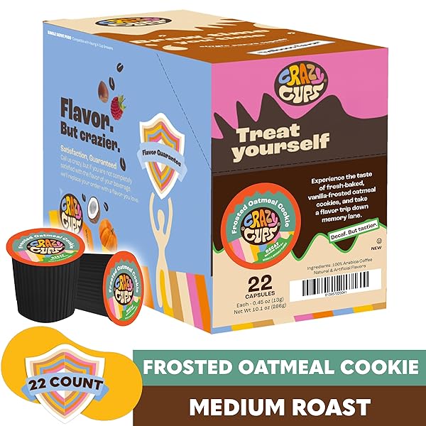CRAZY CUPS FLAVORED SINGLE-SERVE COFFEE FOR KEURIG K-CUPS MACHINES, DECAF FROSTED OATMEAL COOKIE, 22 PODS PER BOX