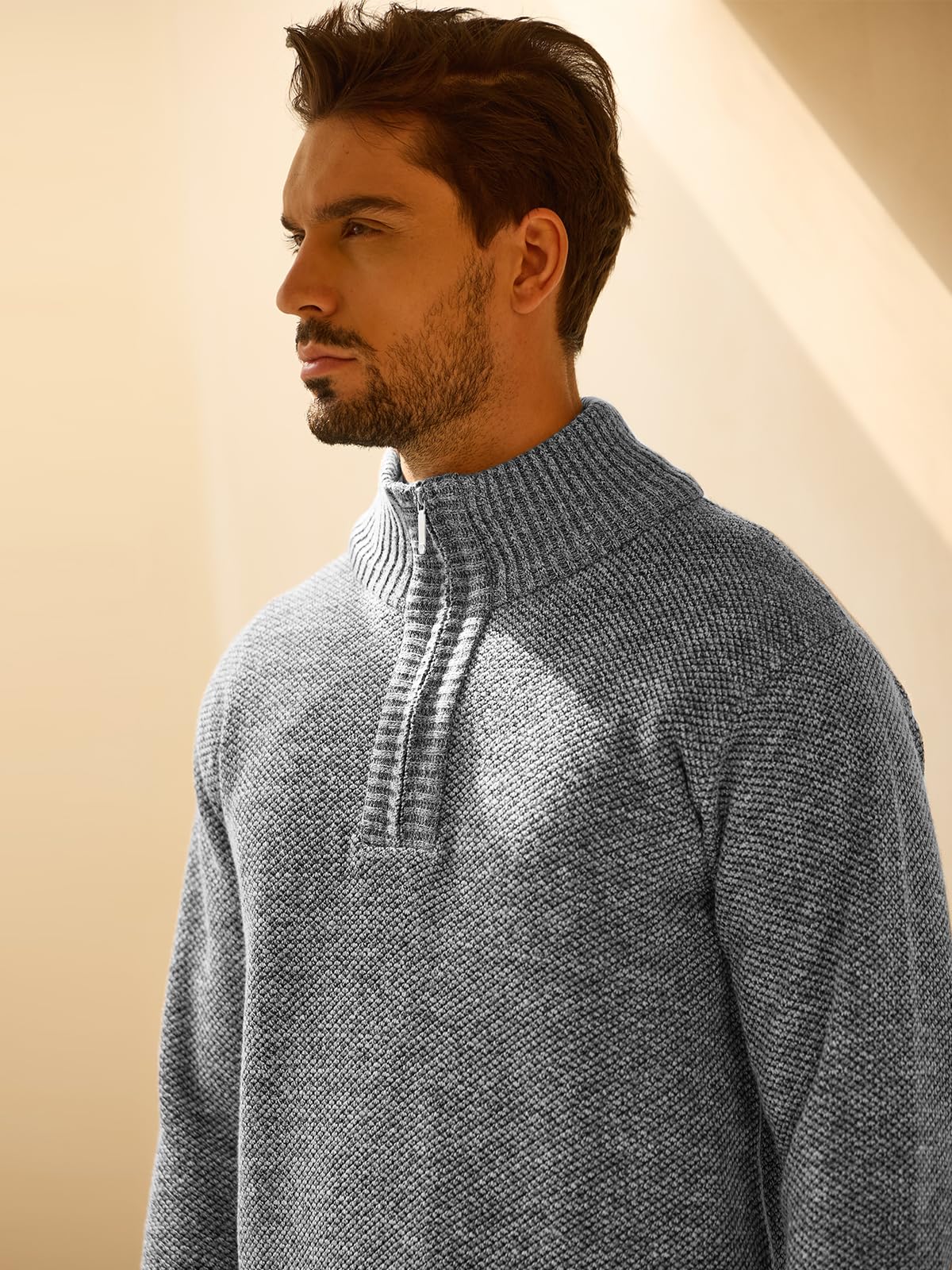 Les umes Herren Viertelreißverschluss Strickpullover Fleecegefütterter Strick Stehkragen Pullover Warm Lichtgrau XL 7