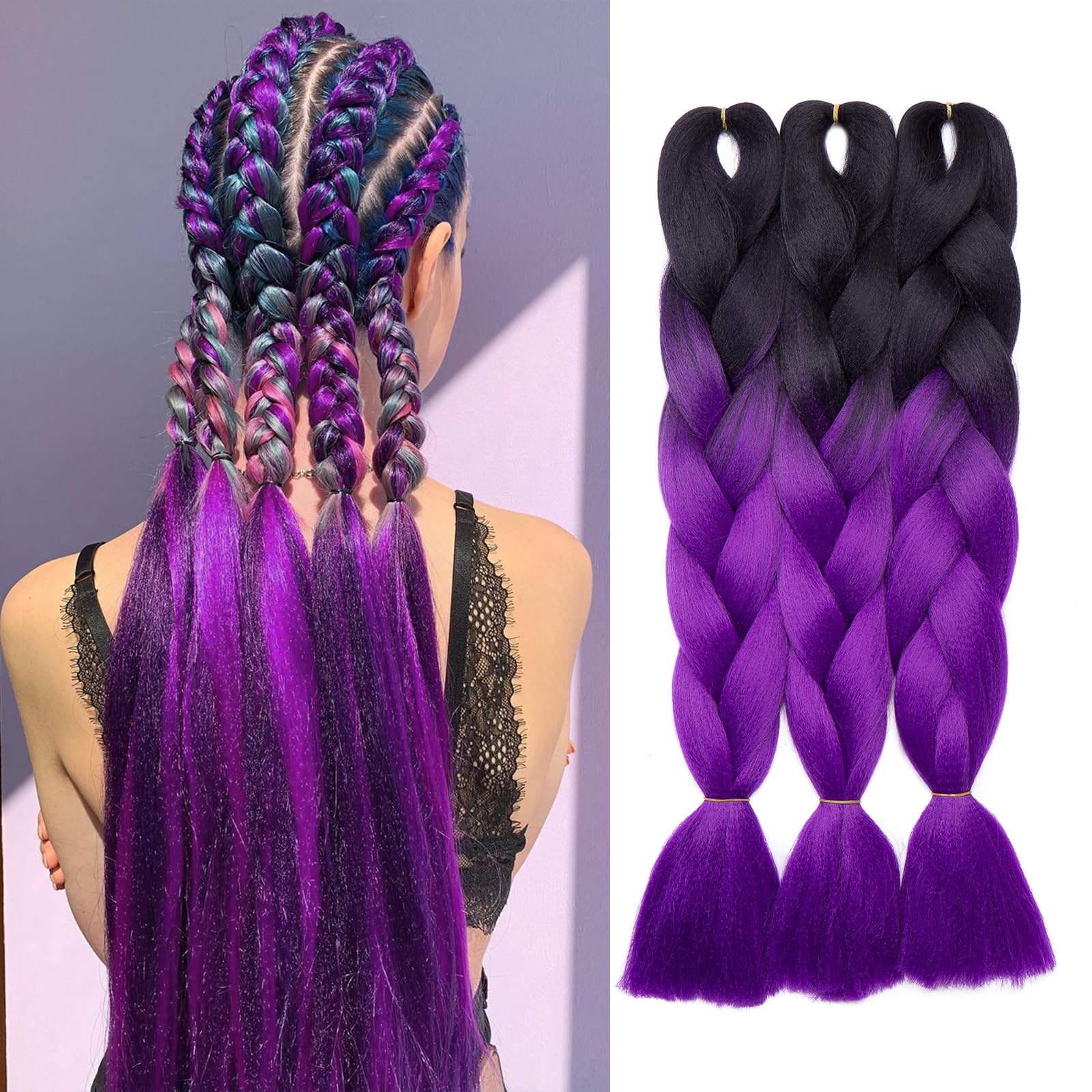 Silk-co Ombre Pink Braiding Hair Synthetic Braids Hair Extensions Afro Jumbo Braid 3 Bundles/Pack [300g, Black-Purple]