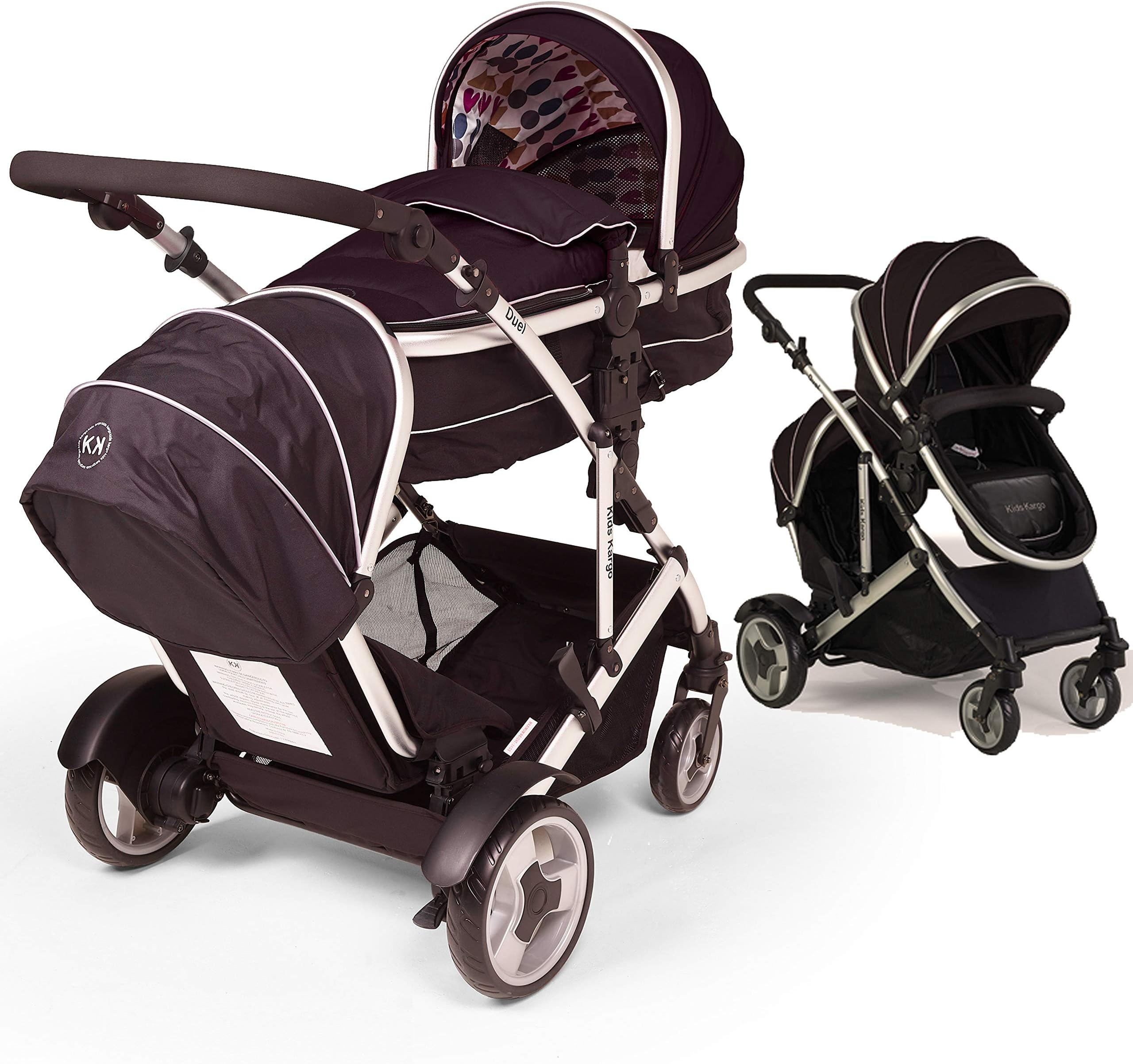Duel combo Double pushchair with carrycot pram includes 2 FREE footmuffs Newborn & toddler, tandem travel system buggy convertible carrycot to seat unit and toddler/child seat unit, Midnight Black by Kids Kargo