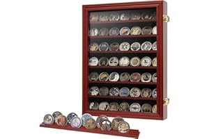 DECOWOODO 7 Rows Challenge Coin Holder Display Case with HD Tempered Glass Holds 100 coins, Wall-Mountable Military Shadow Box Cabinet with Removable 2-Groove Shelves for Medals and Casino Poker Chips, Mahogany