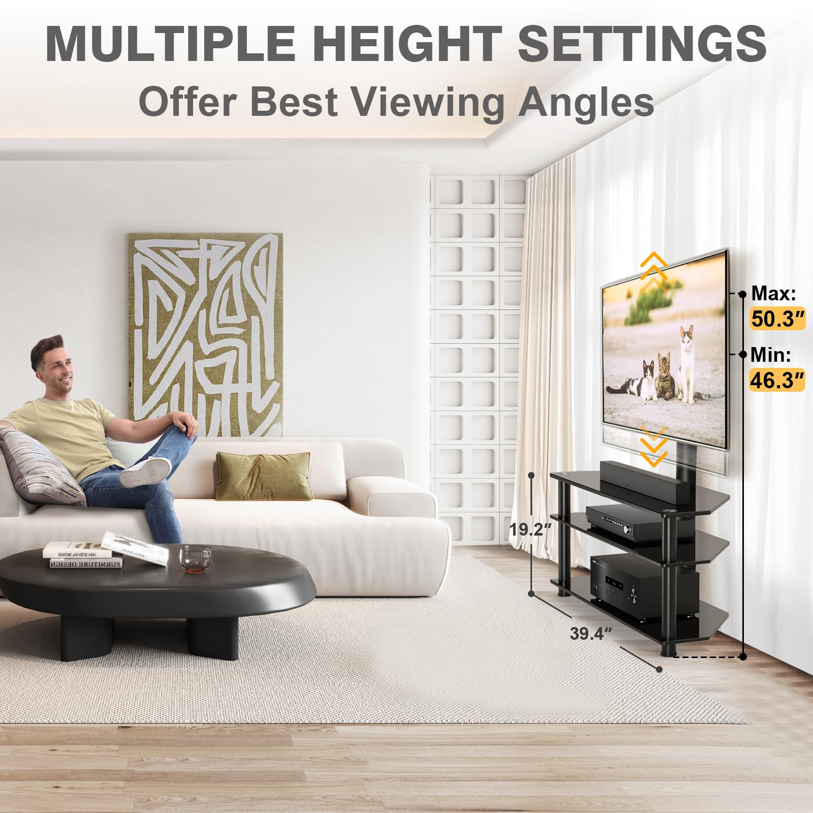 TAVR Furniture Swivel Floor TV Stand with Table for 32-70 Inch TVs, Universal Height Adjustable TV Floor Stand with Large Storage Shelves, Strong Corner TV Stand Mount Holds up to 88lbs, Black