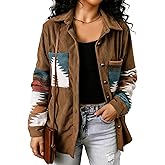 SANXIULY Womens Plaid Jacket Shacket with Pockets for Fall Favorites,Aztec Corduroy Flannel Shirts Lapel Long Sleeve