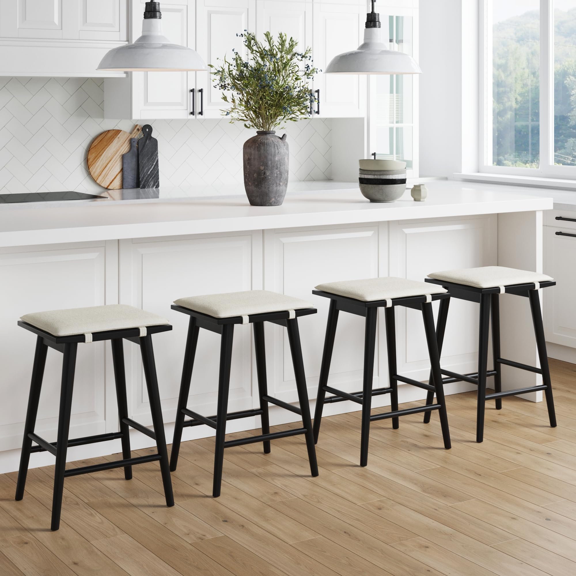 Nathan James Barker Counter Height Wood Barstool with Upholstered Cushion, Backless Island Stool for Kitchen, Black/White, Set of 4