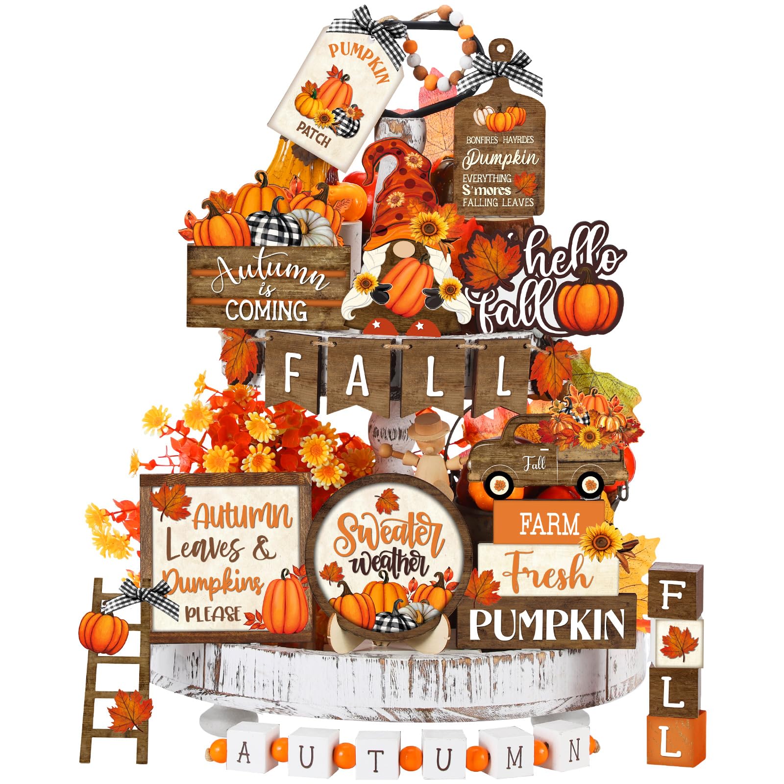Photo 1 of Maitys 21 Pcs Fall Thanksgiving Tiered Tray Decor Set Pumpkin Gnome Truck Wood Sign Rustic Farmhouse Decor Hello Fall Wood Bead Decorative Tabletop Sign for Autumn Thanksgiving Day(Vintage)
