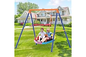 GIKPAL Saucer Swing with Stand for Kids Outdoor, 440lbs Swing Set with Heavy-Duty Metal Frame and Adjustable Ropes, Safe Waterproof Round Playset for Backyard Playground Park, Rainbow Color