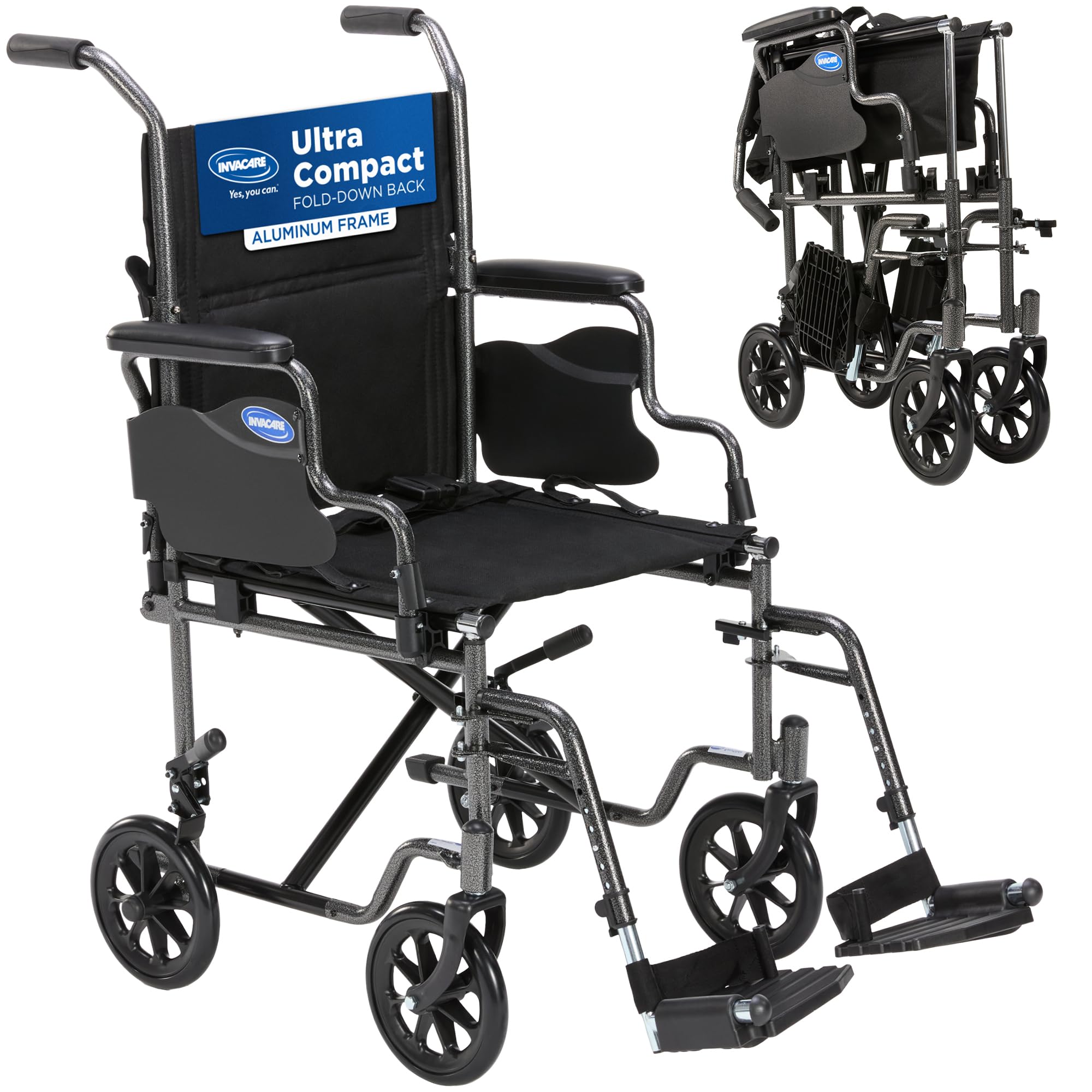 Invacare Ultra-Lightweight Transport Wheelchair for Adults, Compact Aluminum Transfer Chair with Foldable Backrest, Flip-Back & Removable Desk Arms, 19" Seat, Swing-Away Footrests