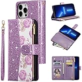 UEEBAI Wallet Case for iPhone 16 Pro Max, PU Leather Wallet Magnetic Closure Handbag Zipper Pocket Cover Kickstand Card Slots with Hand Strap Rose Flip Case for Women - Glitter Purple