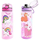 Home Tune 23oz Kids Water Drinking Bottle 2 Pack - BPA Free, Auto Push Button, Chug Lid, Carry Loop Lightweight, Leak-Proof Water Bottle Cute Design For Girls & Boys - Unicorn & Llama