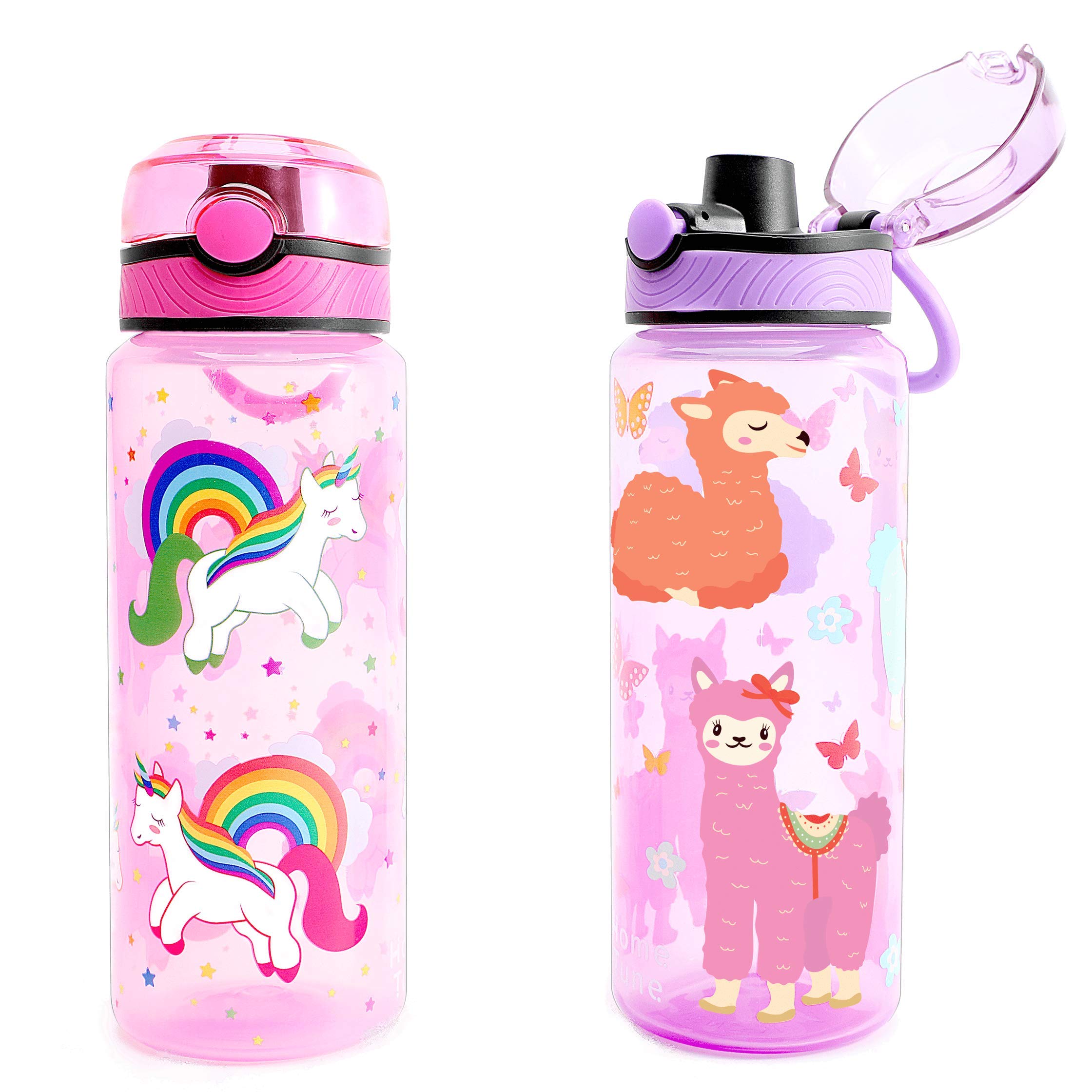 Home Tune Kids Water Drinking Bottle (680ml) - BPA Free, Auto Push Button, Chug Lid, Carry Loop Lightweight, Leak-Proof Water Bottle with Cute Design For Girls & Boys - 2 Pack Unicorn & Llama