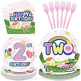 96Pcs Pink Pig 2nd Birthday Party Decorations Pink Piggy Paper Plates and Napkins Cartoon Pig Theme 2 Years Old Birthday Disposable Tableware Set for Kids Girls Baby Shower Party Supplies, Serves 24