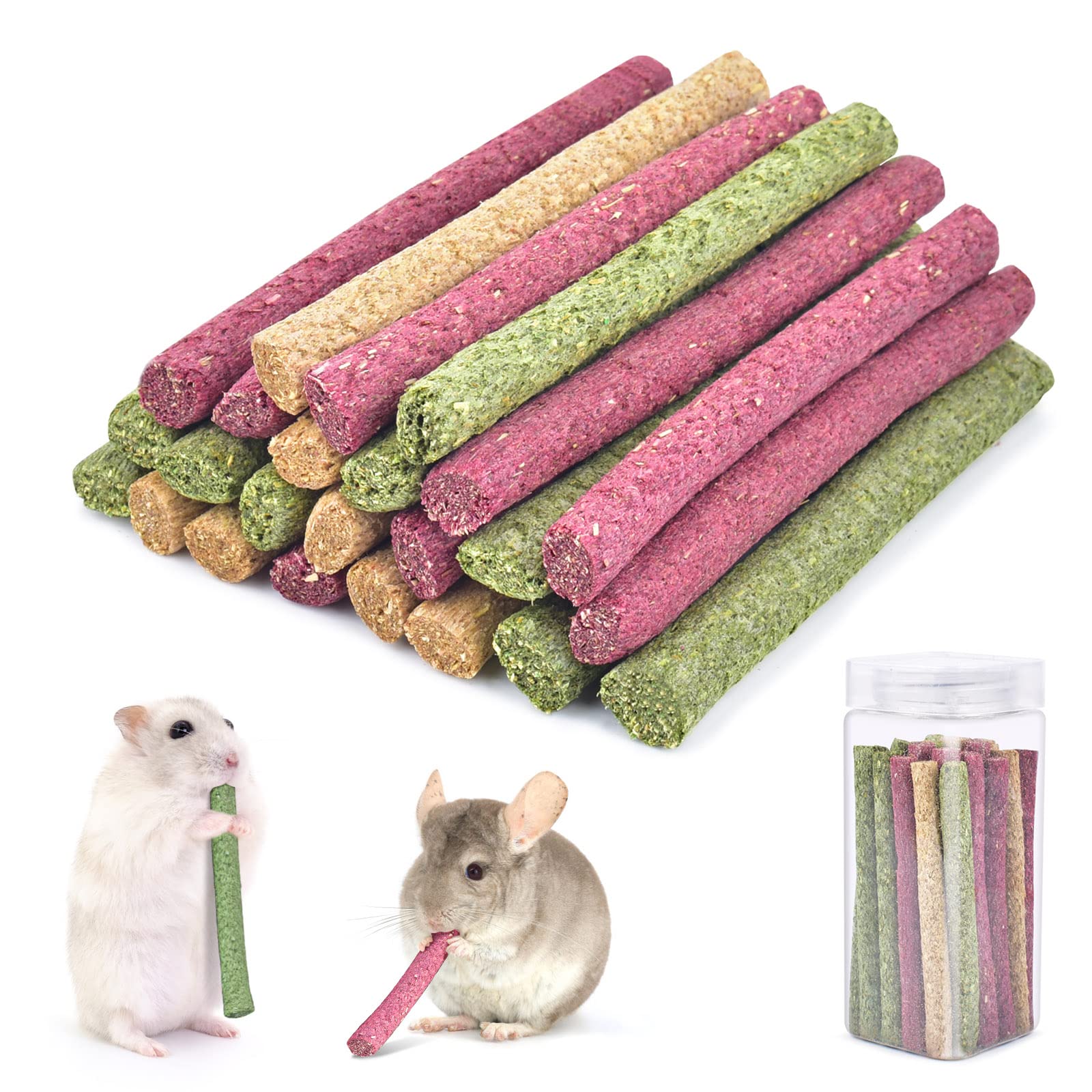 Hamster Chew Toys,ERKOON Timothy Hay Sticks Rabbit Chew Toy 25 Pcs Three Flavors Colorful Natural| Oatmeal | Beet | Boredom Breaker Treat for Rabbits, Gerbil, Chinchilla, Guinea Pigs
